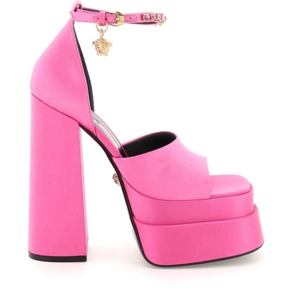 Versace Medusa Double Platform Sandals Pink Satin Platform Pumps 39 US - Picture 2 of 10